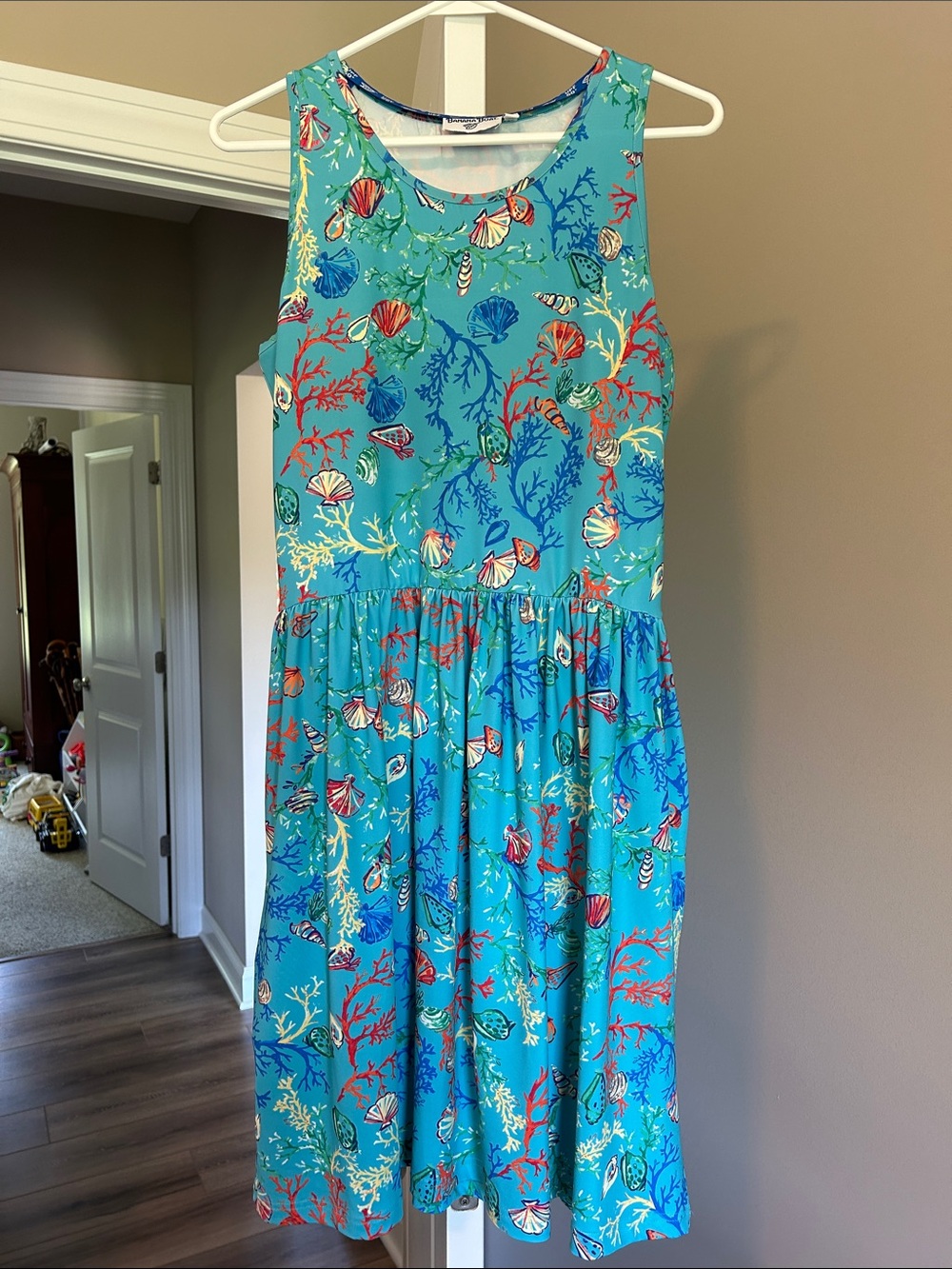 Sleeveless Turquoise Shell-Print Sundress/Coverup, Banana Boat, L